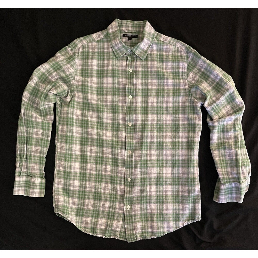 BANANA REPUBLIC Large Long Sleeve Linen /Cotton shirt Green, White Plaid